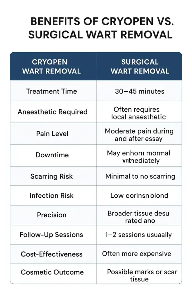 Table showing the benefits of cryopen to remove warts Woking compared to surgical treatment